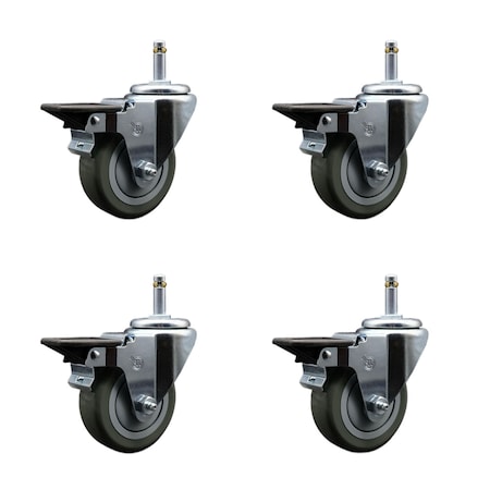 Service Caster 3.5'' Gray Poly Swivel 7/16'' Grip Ring Stem Caster Set with Brake, 4PK SCC-GR20S3514-PPUB-PLB-716138-4
